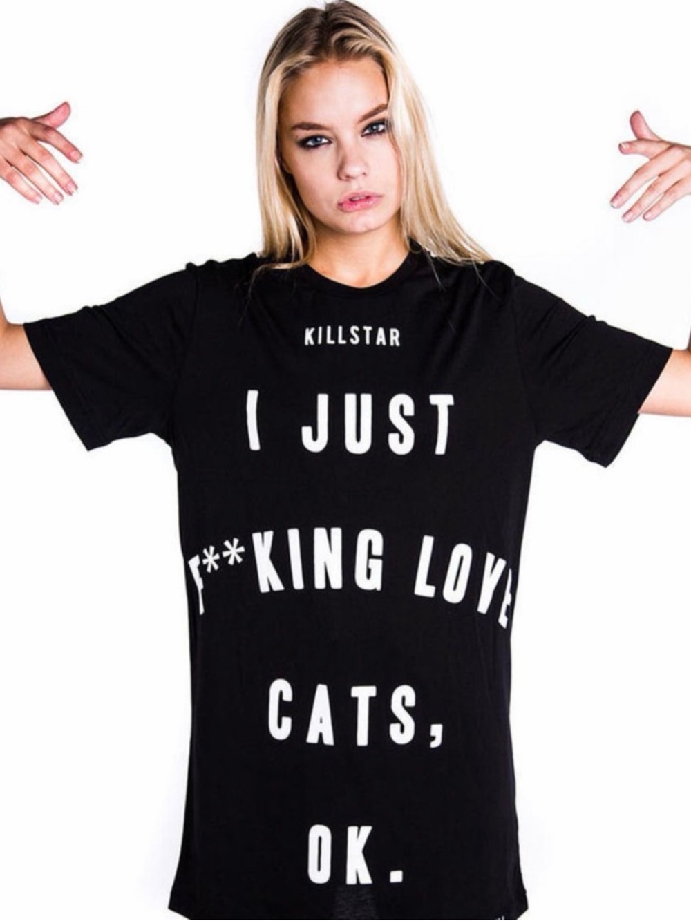 Killstar | 3/4 sleeve tee "I JUST F**KING LOVE CATS, OK." Goth Crazy Cat Lady